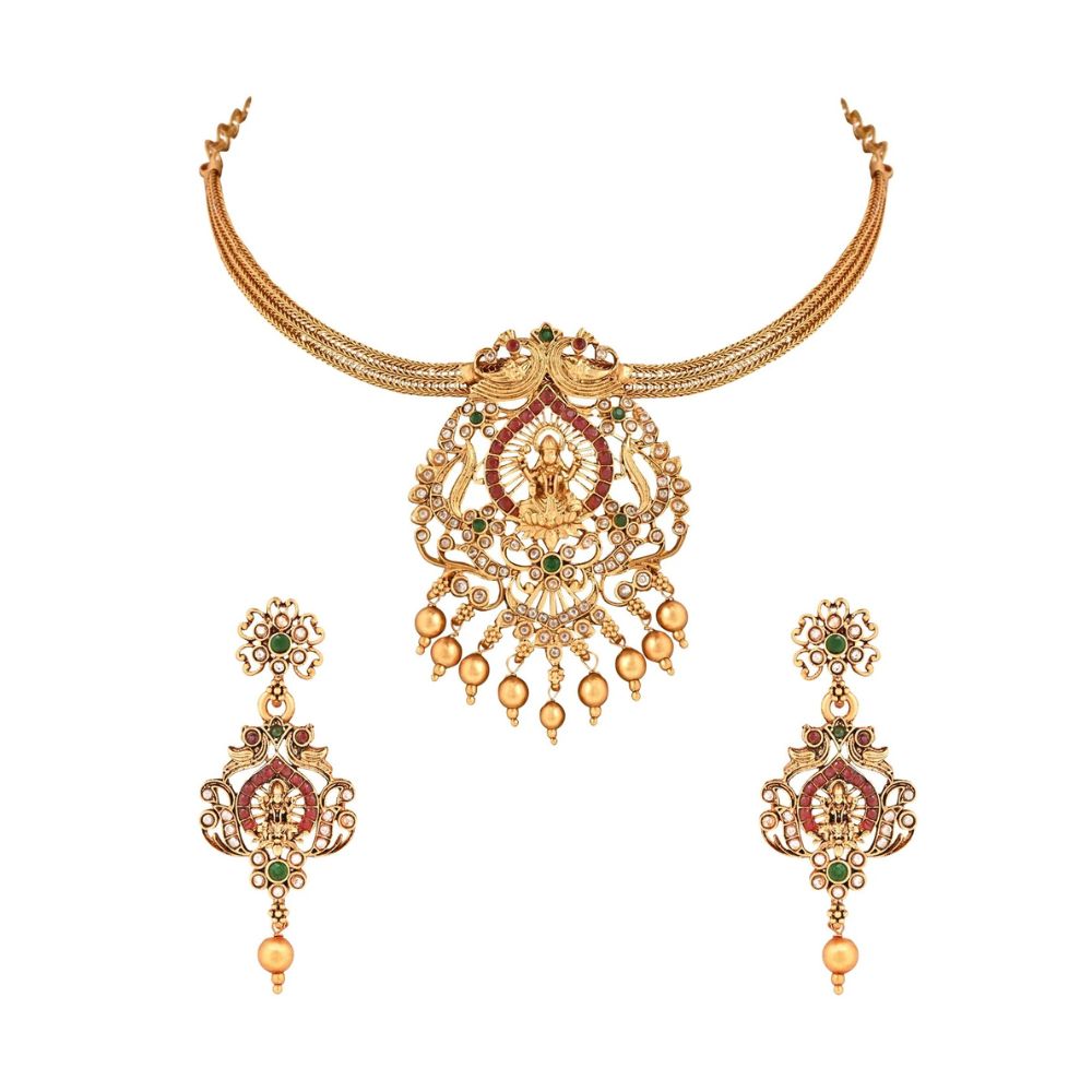 Gold Plated Traditional Temple Choker Necklace Jewellery With Earrings Set for Women/Girls(Color: Gold)