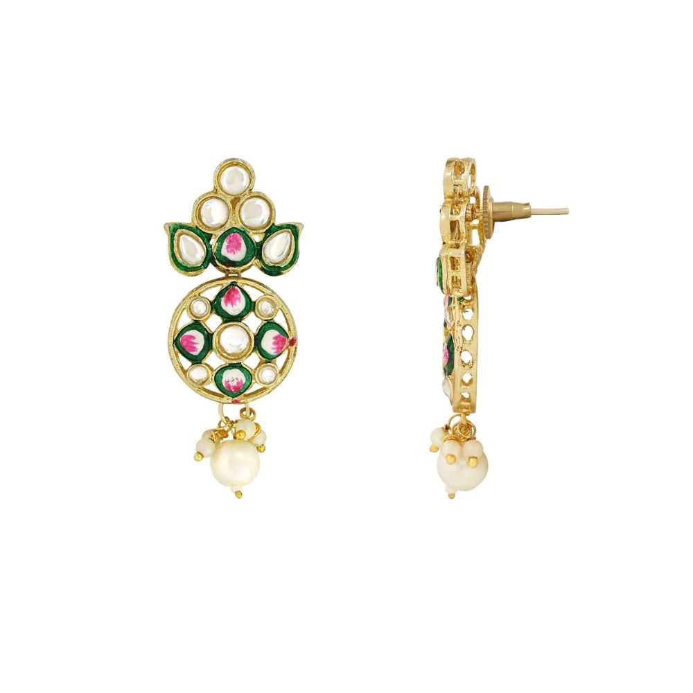 Gold Plated Traditional Pearl Kundan Studded Meenakari Choker Necklace With Earring Set For Women/Girls