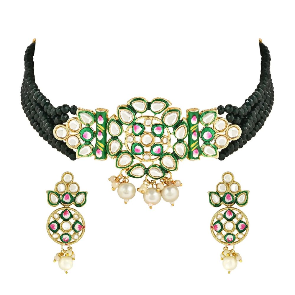 Gold Plated Traditional Pearl Kundan Studded Meenakari Choker Necklace With Earring Set For Women/Girls