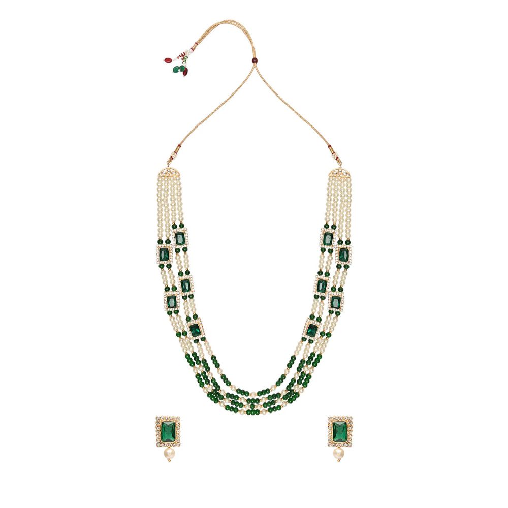 Gold Plated Traditional Stone Studded Multi Strand Long Pearl Necklace Jewellery With Stud Earrings Set For Women/Girls(Green)