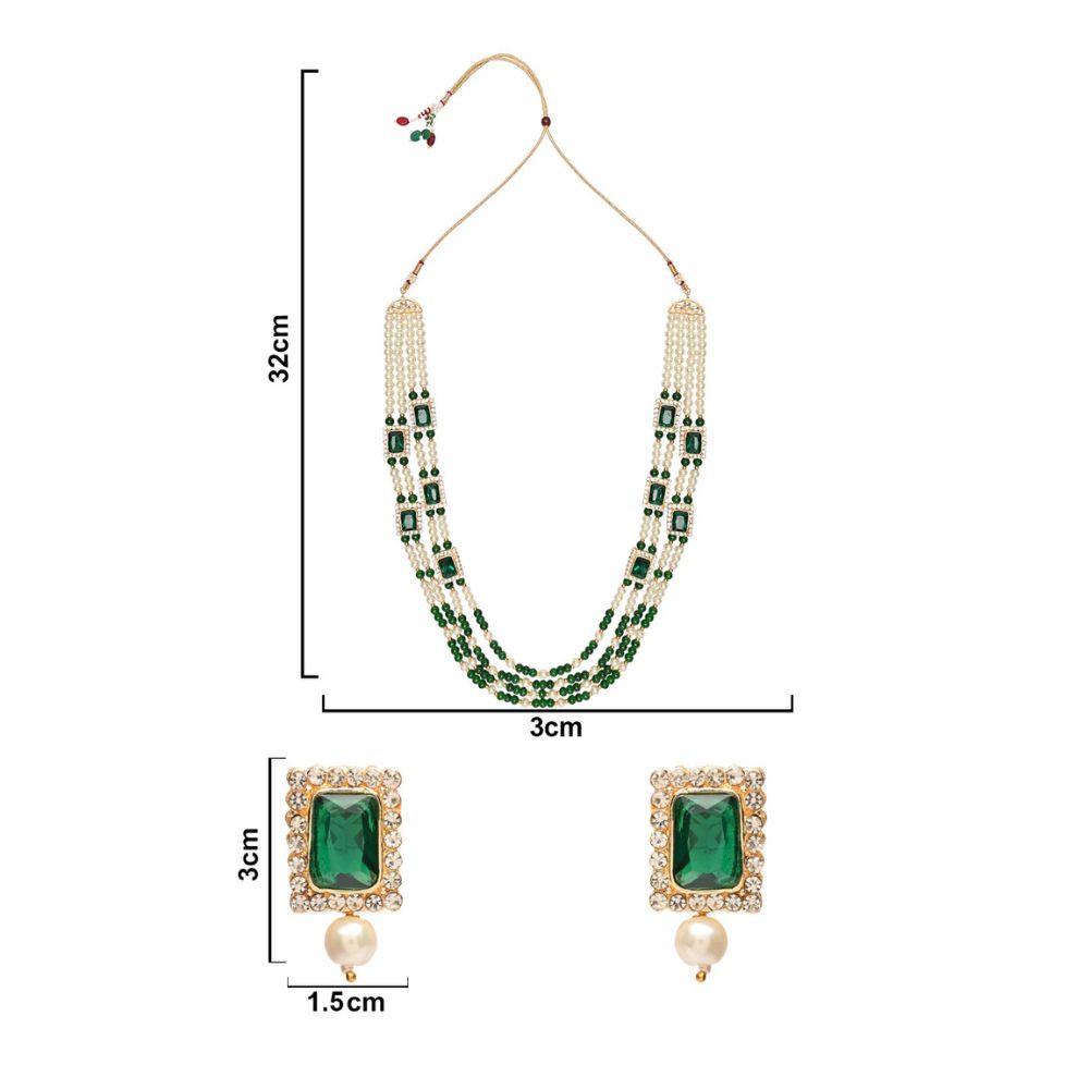 Gold Plated Traditional Stone Studded Multi Strand Long Pearl Necklace Jewellery With Stud Earrings Set For Women/Girls(Green)