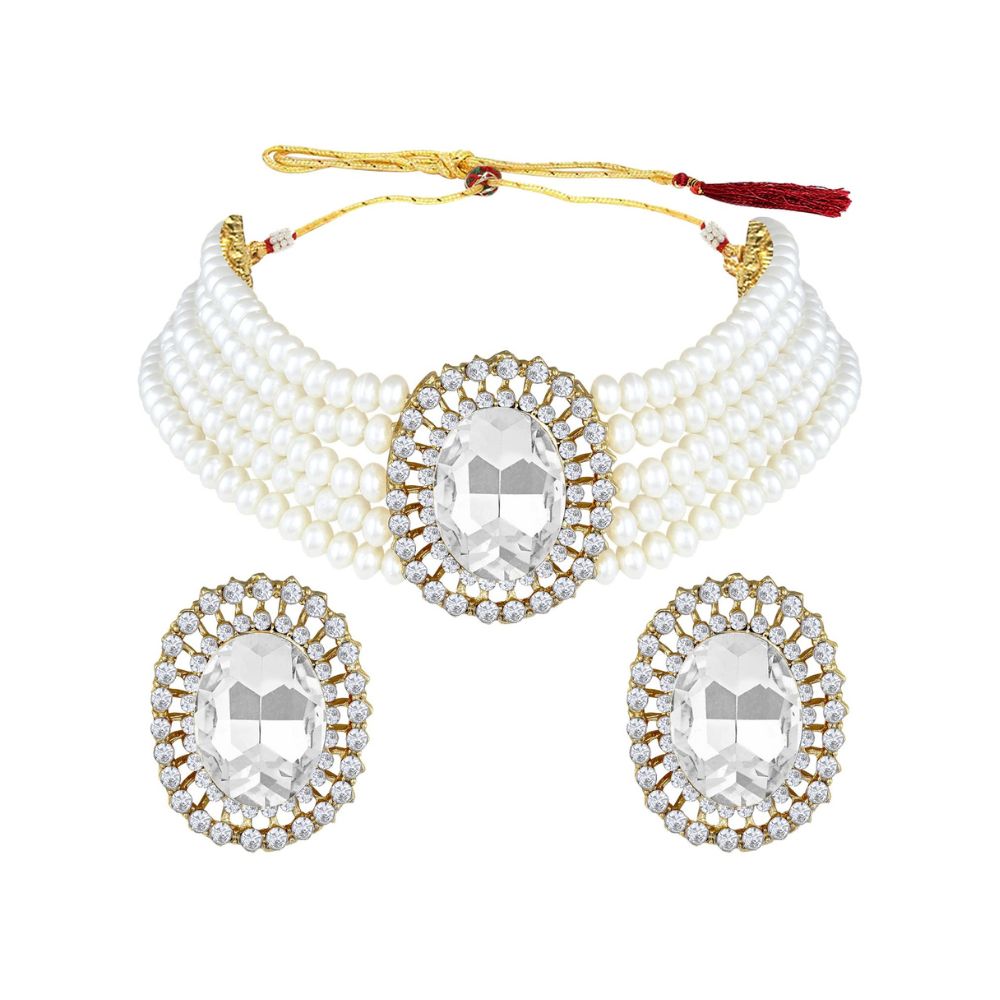 Gold Plated Traditional Green Stone Studded Pearl Choker Necklace Jewellery Set For Women/Girls(White)