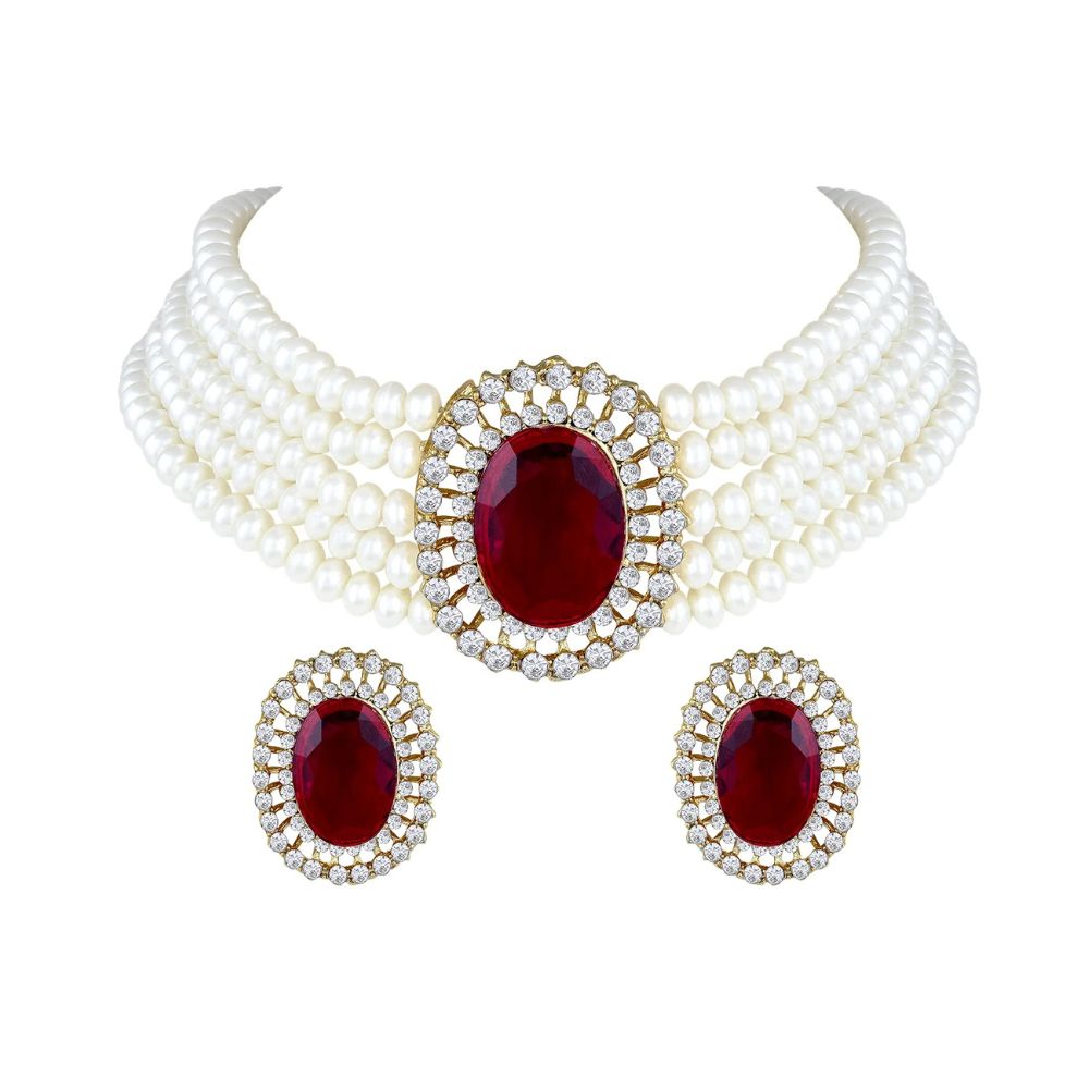 Gold Plated Traditional Stone Studded Pearl Choker Necklace Jewellery Set For Women/Girls(MAROON)