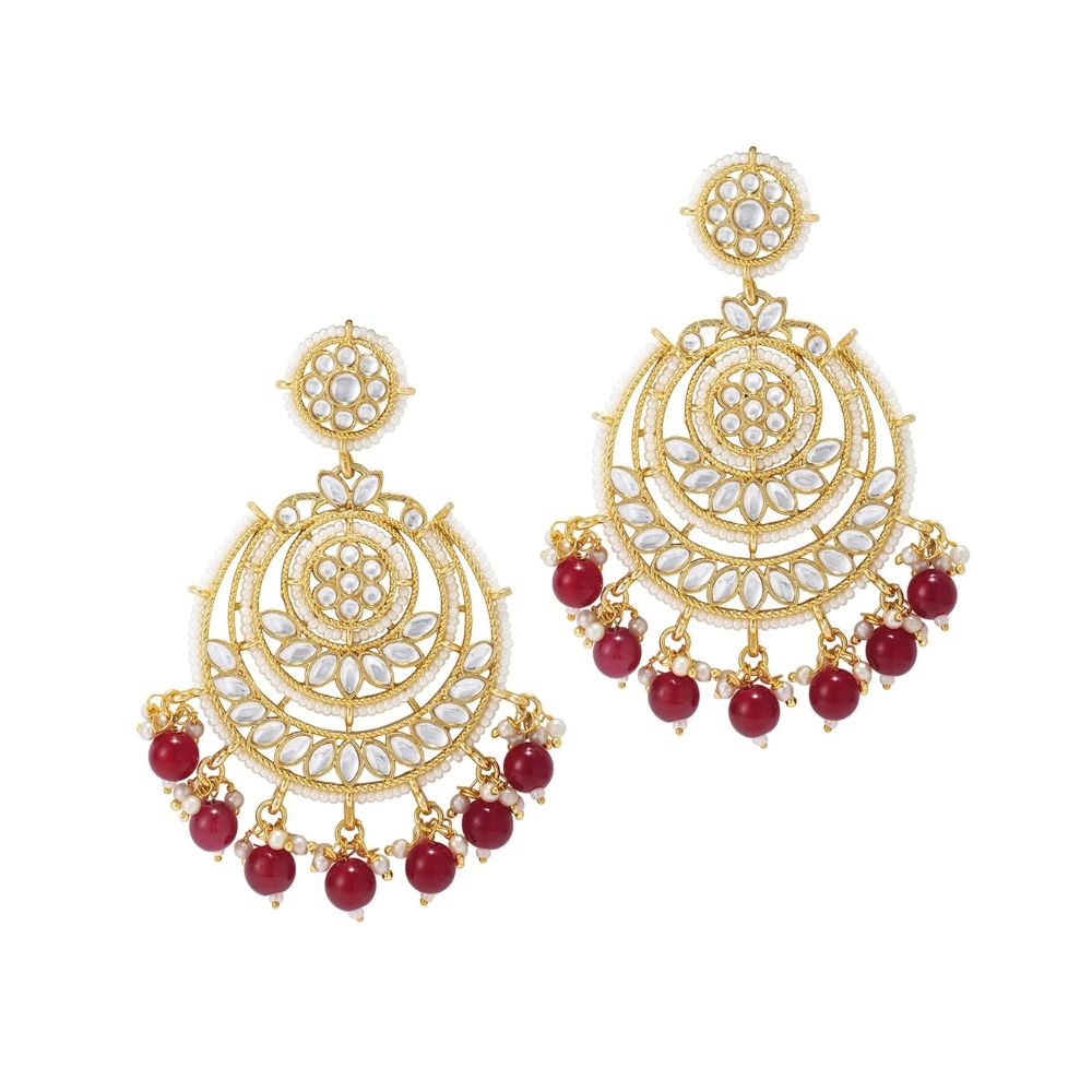 Gold Plated Traditional Beaded Chandbali Earrings Glided With Kundans & Pearls For Women/Girls