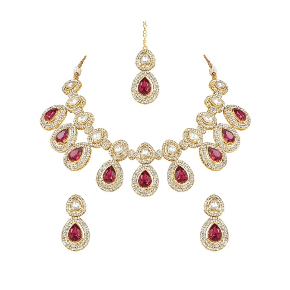 18K Gold Plated Traditional Kundan & Stone Studded Choker Necklace Jewellery Set with Earrings & Maang Tikka for Women And Girls