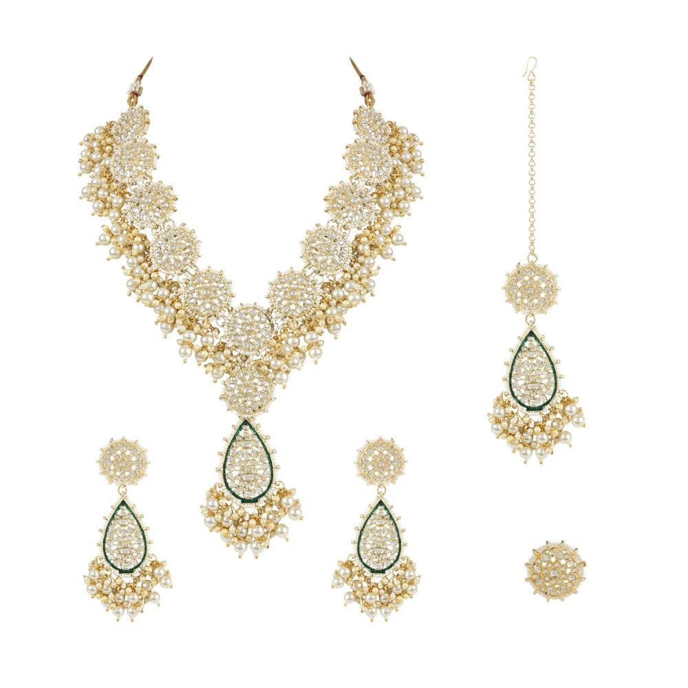 Gold Plated Traditional Pearl Kundan Meenakari Floral Necklace With Earring Maang Tikka & Finger Ring Set For Women And Girls